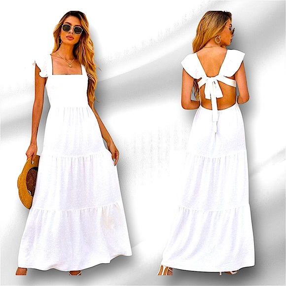 Tuckernuck Dresses & Skirts - NEW O.P.T. / Tuckernuck 100% Cotton Tied Open Back Swiss Dot Maxi Dress White L